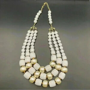 VGT Chunky Triple Strand White & Gold Beaded Statement Necklace